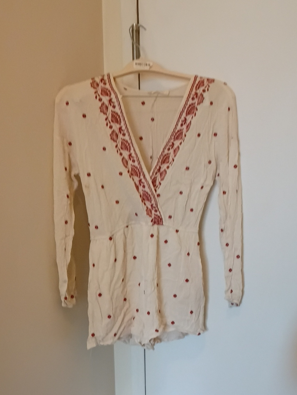 Cream Long-Sleeve V-Neck Embroidered Tunic with Red Accents